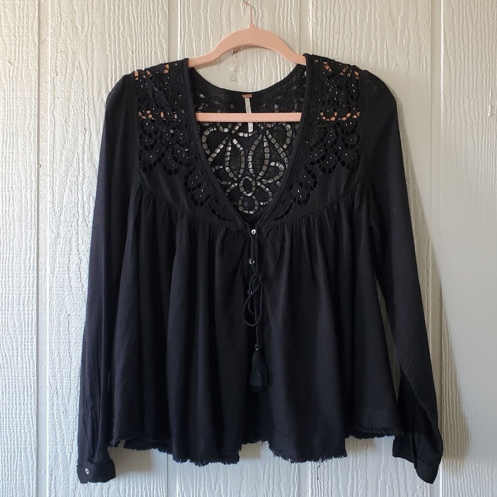 Free People Black Lace Detail Blouse
